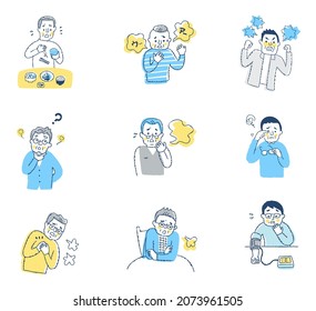 A set of various scenes for middle-aged and older men who are in poor physical condition