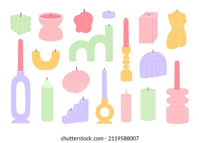 Conjunto de varias velas perfumadas de diferentes colores y formas. Elementos de decoración casera o aromaterapia. Ilustración vectorial dibujada a mano aislada en fondo blanco. Estilo moderno de dibujos animados planos.