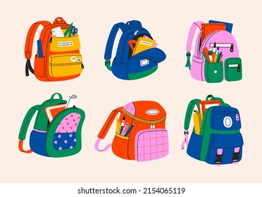 Set of various school backpack and schoolbag. Collection of colorful children bags with stationary, textbooks. Hand drawn vector illustration isolated on white background. Modern flat cartoon style.