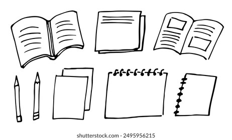 Set of various school notebooks, office supplies, pencils, sheets of paper, magazine. Simple hand drawn vector illustration with black outline. Sketch in ink.