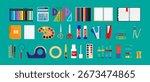 Set of various school and office supplies. Collection of education tools. Stationery items for work or study, flat style.
