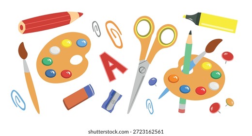 Conjunto de diversos útiles escolares y de oficina. Colección de herramientas educativas. Ilustración en color en estilo plano. Ilustración vectorial