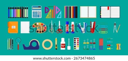 Set of various school and office supplies. Collection of education tools. Stationery items for work or study, flat style.