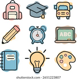 ensemble d'icônes et de symboles variés sur le thème de l'école combinant le style d'art en ligne et les taches de couleur abstraites, pour l'impression d'école, les textiles ou d'autres conceptions diverses