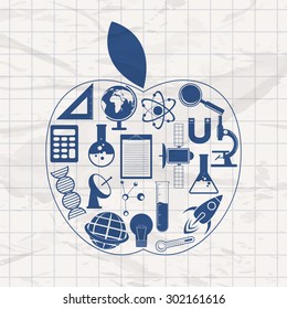 Set of various Science signs and symbols in an apple shape on grungy background.