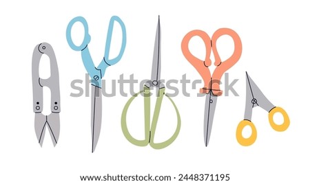 Set of various scissors. Elegant, fashionable, practical style. Hand drawn vector illustration. Isolated design elements. Paper cutting, scissors, haircut concept, fabric cutting
