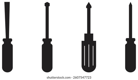 Set of Various Screwdriver Silhouettes Vector. Isolated On Transparent Background.