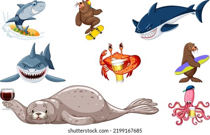 Dibujo de varios personajes de dibujos animados de animales marinos