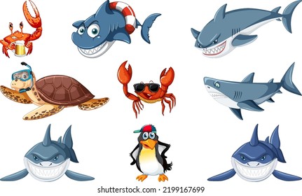 Set of various sea animals cartoon characters illustration