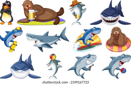 Dibujo de varios personajes de dibujos animados de animales marinos