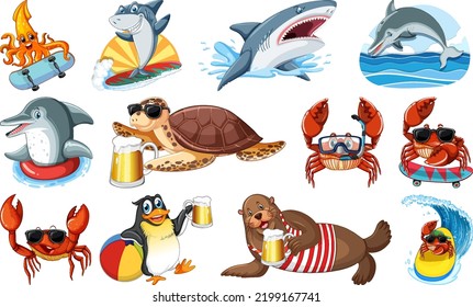 Set of various sea animals cartoon characters illustration