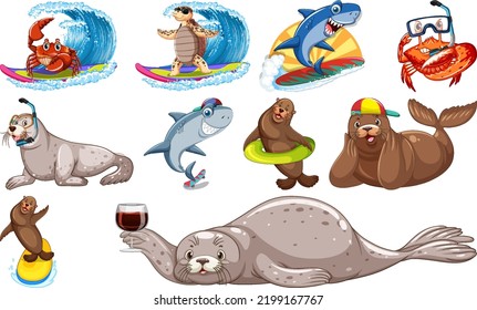 Set of various sea animals cartoon characters illustration