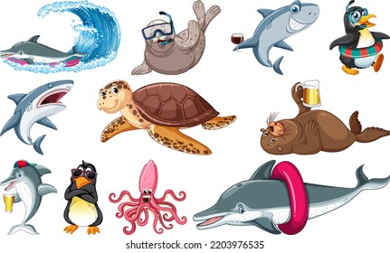 Set of various sea animals cartoon characters illustration