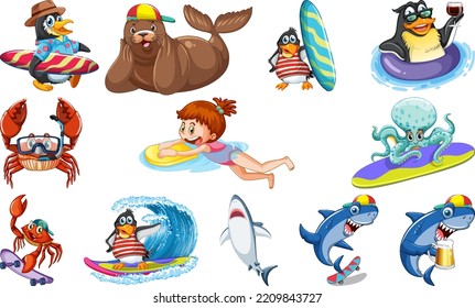 Set of various sea animals cartoon characters illustration