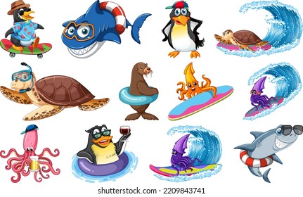 Set of various sea animals cartoon characters illustration