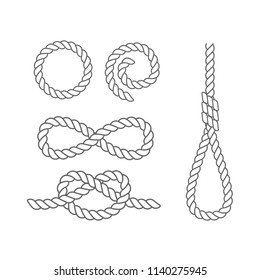 Set of various sea knots and loops. Elements for fabric, wallpaper, background, web design. Marine rope and nautical knot. Elements for hiking, swimming, domestic needs. Vector illustration isolated.