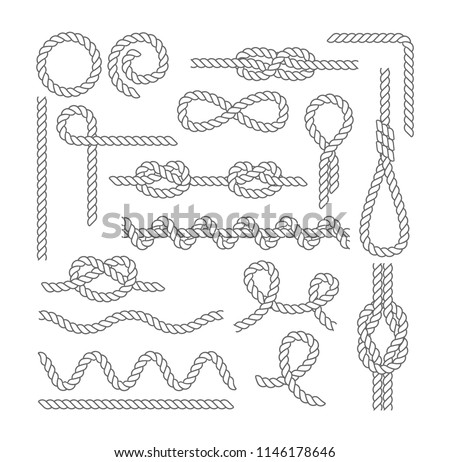 Set of various sea knots and loops. Elements for fabric, wallpaper, background, web design. Marine rope and nautical knot. Elements for hiking, swimming, domestic needs. Vector illustration isolated.