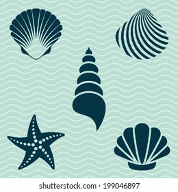 Set of various sea shells and starfish silhouettes