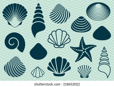 Set of various sea shells and starfish silhouettes