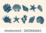 Set of various sea shells, starfishes and corals. Aquarium plants. Underwater reef and ocean plants flora vector illustration icons set	