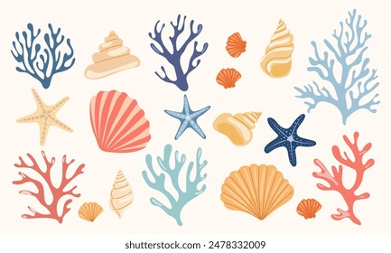 Set of various sea shells, starfishes and corals. Aquarium plants. Cartoon ocean plants.  Underwater reef flora vector illustration icons set