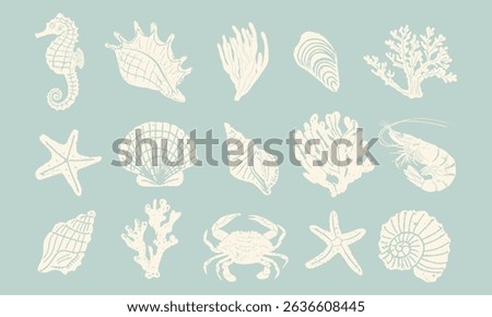 Set of various sea shells, starfishes,corals and marine animals. Aquarium plants. Underwater reef and ocean plants flora vector illustration icons set