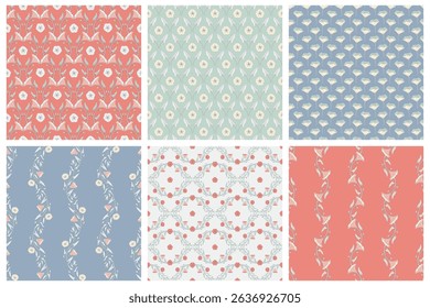 Set of various seamless patterns morning-glory plant, its flowers, and leaves. Retro templates for fashion prints. Floral backgrounds, vector illustration