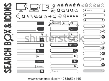 A set of various search windows and icons