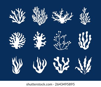 set of various seaweed and coral silhouettes