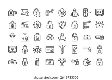 A set of various security and protection related icons in line art.