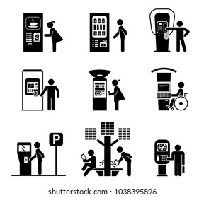 Set of various self - service machine for public use. Collection of vector illustrations of various kiosk, automatic machines, electronic devices. For use in public places. Modern technology.
