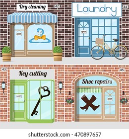 Set of various servicies. Key cutting, Shoe repairs, dry cleaning, Laundry. Vector illustration