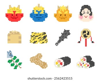 A set of various Setsubun pixel art illustrations.