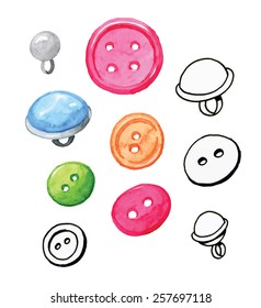 set of various sewing buttons on white background - watercolor vector hand drawing