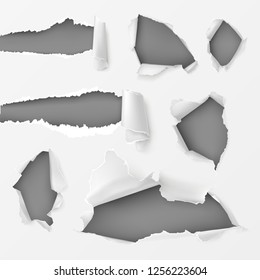Ensemble de trous et d'espaces de forme variés avec arêtes arrachées et défilées dans une feuille de papier blanc 3d image vectorielle réaliste. Arrière-plan déchiré et endommagé avec modèle d'espace de copie, collection d'éléments graphiques de conception Web