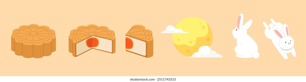 Conjunto de varias formas de pasteles de luna, luna llena y conejos para el Festival de Mediados de Otoño. Elementos aislados del festival del pastel de luna. Concepto de la cultura tradicional asiática, panadería china, dulce, postre, conejito.