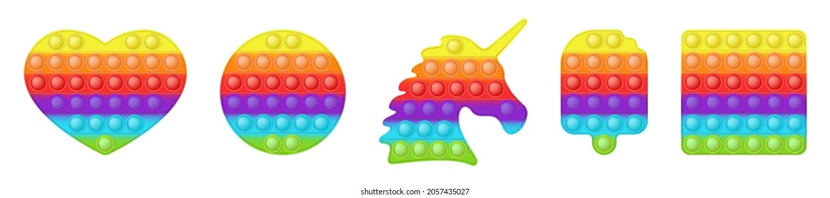 Conjunto de diferentes formas apuntan como juguetes de fondo de arcoiris. Juguete antiestrés adictivo en colores brillantes. Sensación de burbujas desarrollando popit para los niños. Ilustración vectorial aislada en un fondo blanco.