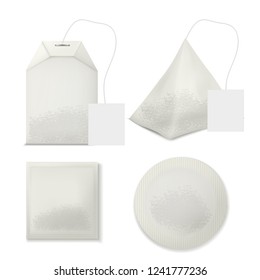 Set of various shape tea bags with blank label tags and leaves inside 3d realistic vector illustrations isolated on white background. Food product mockup. Herbal tea brewing containers collection