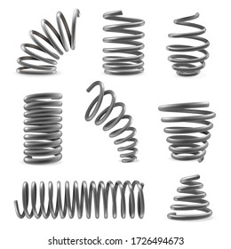 Set of various shaped metal springs tapering, expanding in different places. Compressed, extended coils, spirals icons. Heliciform, helicoid, spiraliform objects vector collection isolated on white.