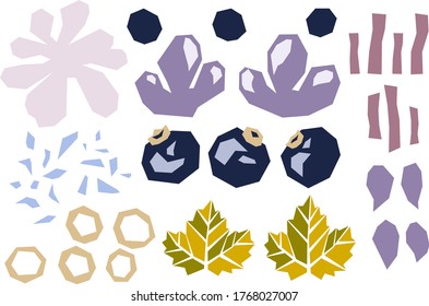 Set of various shapes abstract doodle objects, blueberries, bilberry and leaves. Paper cut modern contemporary style. Vector