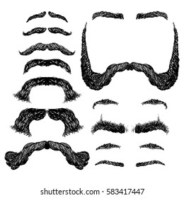 set of various shapes beard, mustache, eyebrows, freehand drawing