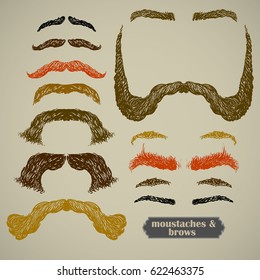 set of various shapes beard, mustache, eyebrows, freehand drawing