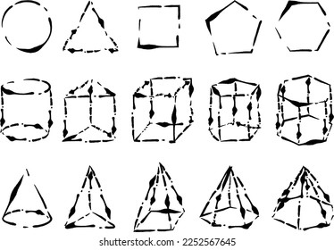A set of various shapes drawn with a paintbrush that can be used for mathematics, etc.