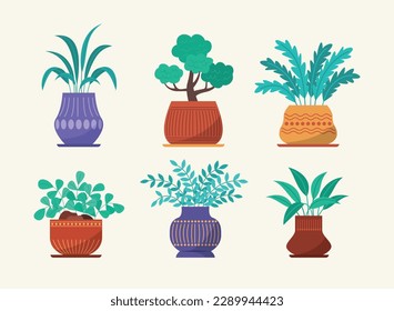 Conjunto de varias formas de macetas de flores con planta