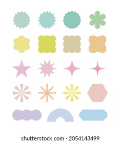 A set of various shapes icon illustrations. Colorful silhouette graphics in the form of polygons, stars, geometry, labels, flowers, hexagons.