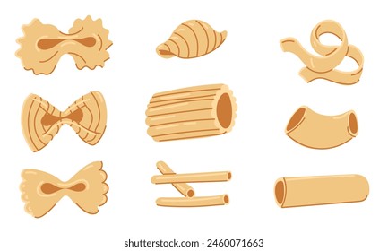 A set with various shapes of pasta. A collection of vector illustrations, suitable for the visual design of Italian cuisine. Design and culinary projects. Several types of pasta in a row on white