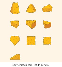 Set of various shapes and sizes of cheese slices, depicted in a flat design style, with a yellow color palette and a distinct pattern of holes.