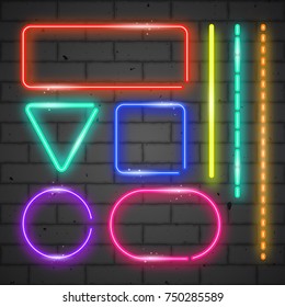 Set of various shining colorful neon geometric signs. Vector illustration for your graphic design.