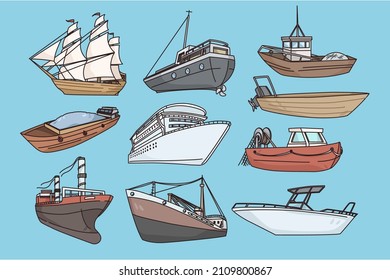 Set of various ships and boats on background. Collection or nautical vessels, yachts and speedboats. Marine activity concept. Cargo and logistics. Sea traveling. Flat vector illustration. 