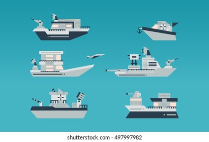 Set of various ships. Navy, armed ships. The destroyer, an aircraft carrier, boat, boats. Transport vessel. Vector illustration